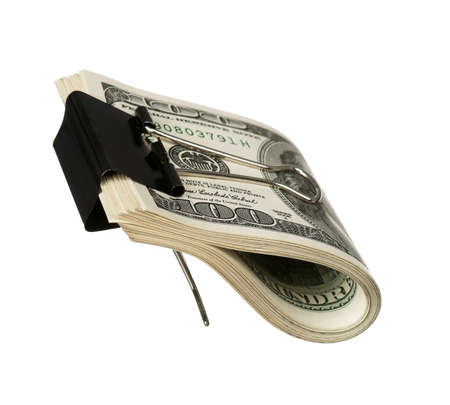 Dollar bills with clip isolated on white backgroundの写真素材