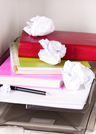 Close up of the shelves with office accessories