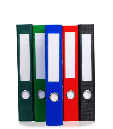 Multicolor office folders file with papers. Colorful business file folders, isolated on white background.の写真素材