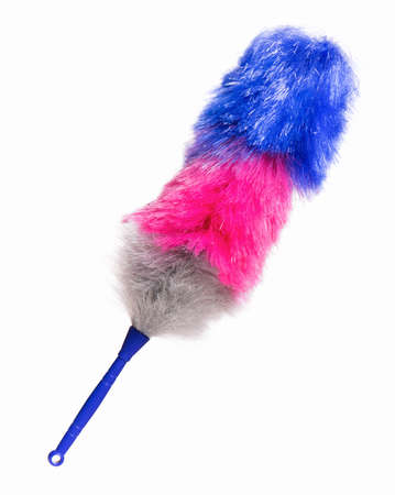 Broom for cleaning or soft colorful duster with plastic handle, isolated on white backgroundの写真素材