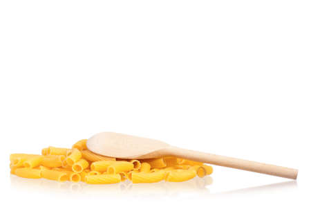 Raw pasta with wooden spoon, isolated on white backgroundの写真素材