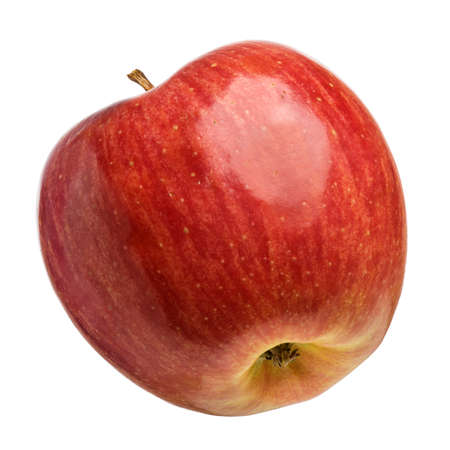 Perfect fresh red with yellow apple isolated on white background. Single juicy fruit in full depth of field with clipping path.の写真素材