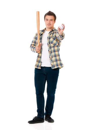 Young man with wooden baseball bat and ball. Guy standing full length portrait, isolated on white background.の写真素材