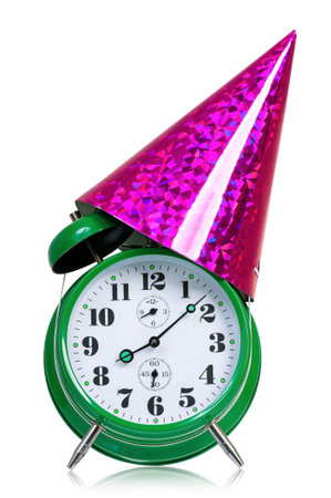 Alarm clock with birthday cap. Time for the holidays concept with clock and present isolated on...