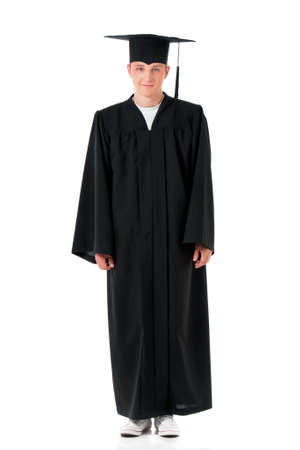 Handsome graduate guy student in mantle, isolated on white backgroundの写真素材