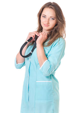 Smiling medical doctor woman with stethoscope, isolated on white backgroundの写真素材