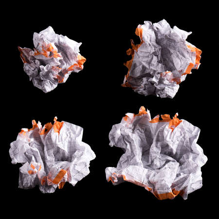 Collection of Crumpled piece of white squared paper exercise book on black background. Set of blank note paper.の写真素材