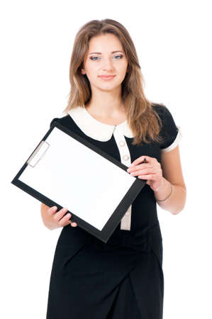 Portrait of business woman or teacher holding a clipboard, isolated on white backgroundの写真素材
