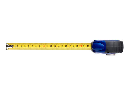 Blue tape measure tool, isolated on white background