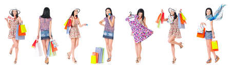 Collection of a beautiful young woman with shopping bags and credit card. Set of happy people isolated on white background.の写真素材