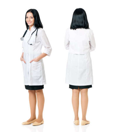Smiling medical doctor woman with stethoscope - front and back, isolated on white backgroundの写真素材