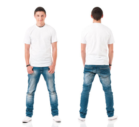 White t-shirt on a young man isolated on white background, front and back. Happy teen boy with polo...