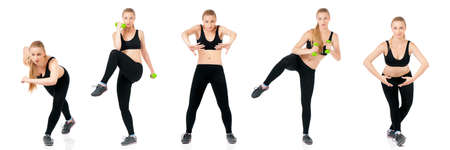 Collection of a beautiful young fitness woman, isolated on white background. Set of happy people doing stretching exercise, full length portrait.の写真素材