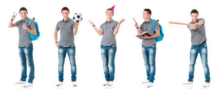 Collage of teen boy with schoolbag and books. Set of  full length portrait happy young man student. Teenager back to school, isolated on white background.の写真素材