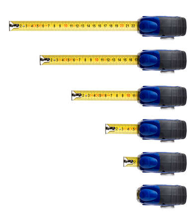 Blue tape measure tool, isolated on white backgroundの写真素材