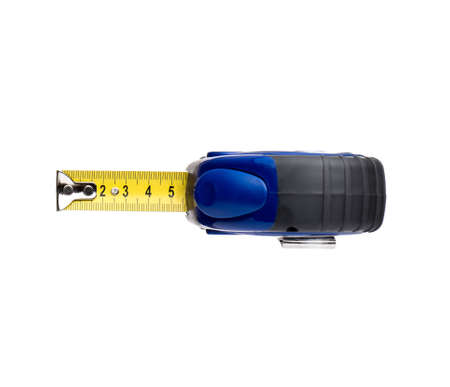 Blue tape measure tool, isolated on white backgroundの写真素材