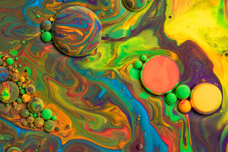 Bright colorful acrylic paint. Fantastic surface. Top view. Macro structure of Multicolored Bubbles Paint and Oil.の写真素材