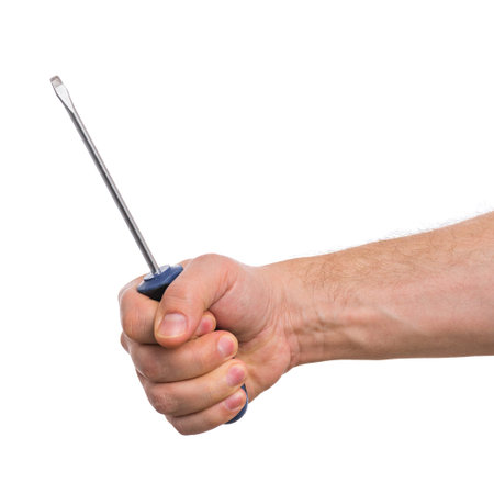 Male Hand with screwdriver. Human Hand holding tool, Isolated on White Background.