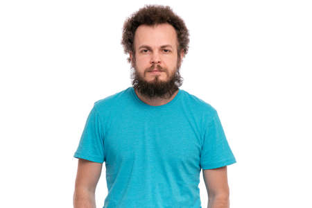 Crazy bearded Man with funny Curly Hair, isolated on white background. Looking at camera. Emotions and signs concept.の写真素材