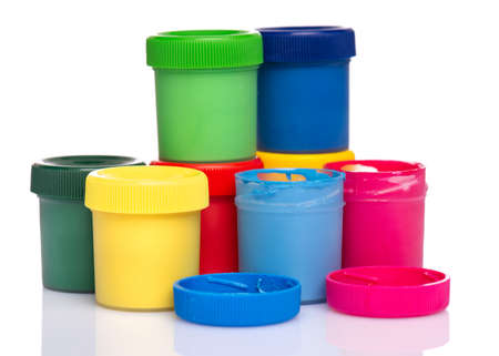 Set of Colorful Gouache jars isolated on white background with copy space. Cans of different colors gouache paints.の写真素材