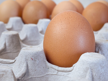 Brown eggs in cardboard egg box. Top view of raw organic chicken eggs in carton.