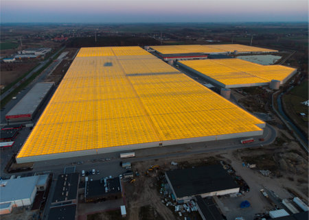 Siechnice, Wroclaw, Poland March 30, 2021: Aerial drone view of massive greenhouse for growing vegetables. Flying over large industrial greenhouses with transparent roof in evening.のeditorial素材