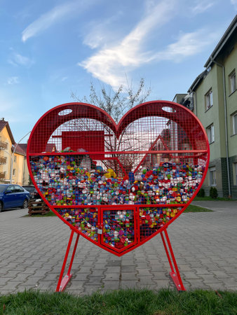 Wroclaw, Poland March 31, 2021: Place for collecting colorful plastic bottle caps for recycling and charity. Heart shaped metal container.のeditorial素材