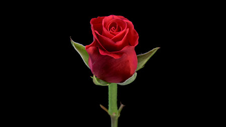 Single beautiful red rose isolated on black backgroundの写真素材
