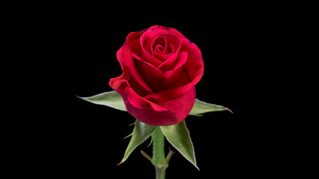 Single beautiful red rose isolated on black backgroundの写真素材