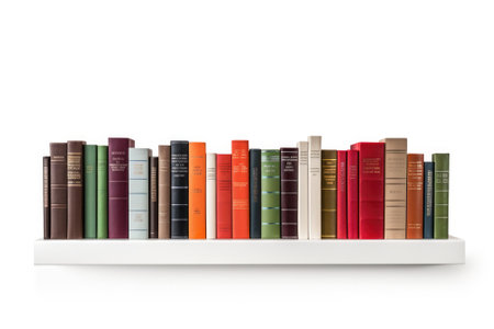 Bookshelf with different books on white isolated on white backgroundの素材