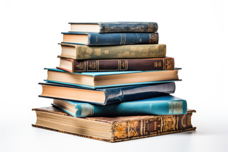 Stack of old different books isolated on white backgroundの素材