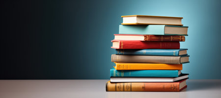 Several different books are stacked on table with school board backdrop. Education or Back to school concept.の素材