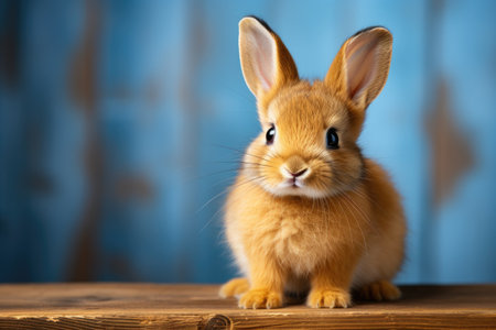 Little cute baby rabbit sitting on the wooden table on blue backgroundの素材