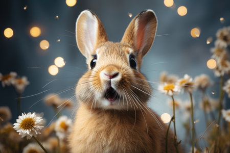 Portrait of surprised rabbit with flowers. Cute little bunny symbol of Easter day.の素材