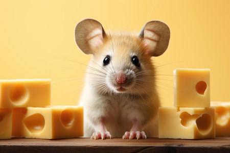 Portrait of cute little mouse with big ears, sits on table near yellow cheese, looking at camera.の素材