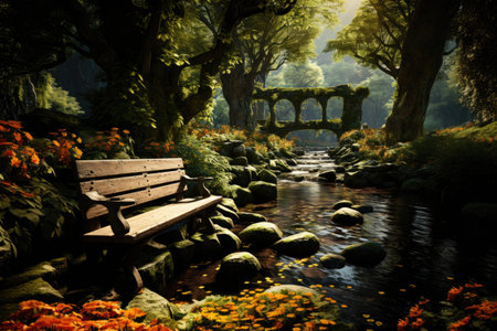 Resting place with a empty bench, fairy forest with a river. Silent place for meditation.の素材