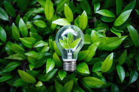 Light bulb against nature on green leaf. Ecology concept. Environmental protection, renewable, sustainable energy sources.の素材