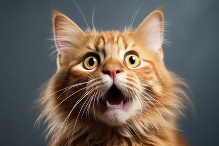 Portrait of amazement cat. Cute red cat opened mouth surprised, close-up front view.の素材