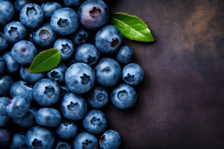 Fresh ripe blueberries berries with green leaves. Texture blueberry berries close up. Sweet background with copy space.の素材