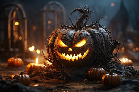 Big very spooky Halloween pumpkin, head jack lantern with evil face and burning eyes. Magical mood. Halloween Backdrop.の素材