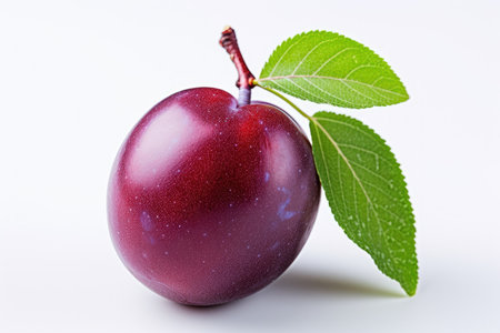 Juicy purple Plum fruits with green leaf isolated on white backgroundの素材