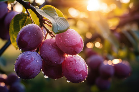 Beautiful ripe purple plum with water or dew drops on tree branch at sunsetの素材