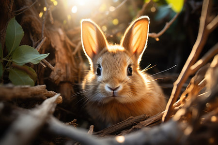 Cute wild hare or rabbit in forest in sunlight.の素材