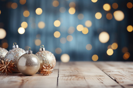 Christmas and New Year decoration with copy space. Christmas balls and baubles on blurred backgroundの素材