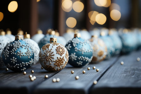 Christmas and New Year decoration with copy space. Christmas balls and baubles on blurred backgroundの素材