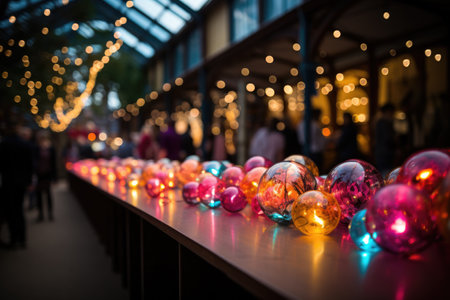 Various glass balls with colorful Illuminated light bulbs - elements of decor partyの素材