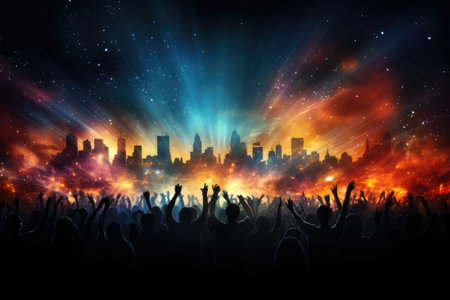 Silhouettes of dancing people with raised hands at concert. Illustration of crowd at music festival with colorful lights against the backdrop of the night city.の素材