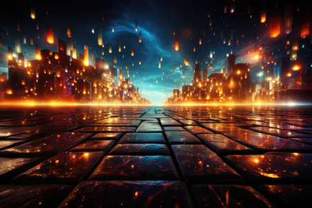 Illustration of sky lantern in futuristic night city. Hot air fire lantern.の素材