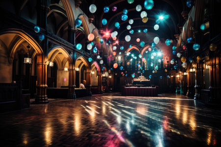 Decorated place for a night party. Festival and holiday concepts. Many Illuminated light bulbs.の素材