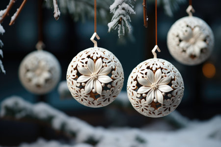 Christmas and New Year decoration with copy space. Christmas balls and baubles on blurred backgroundの素材